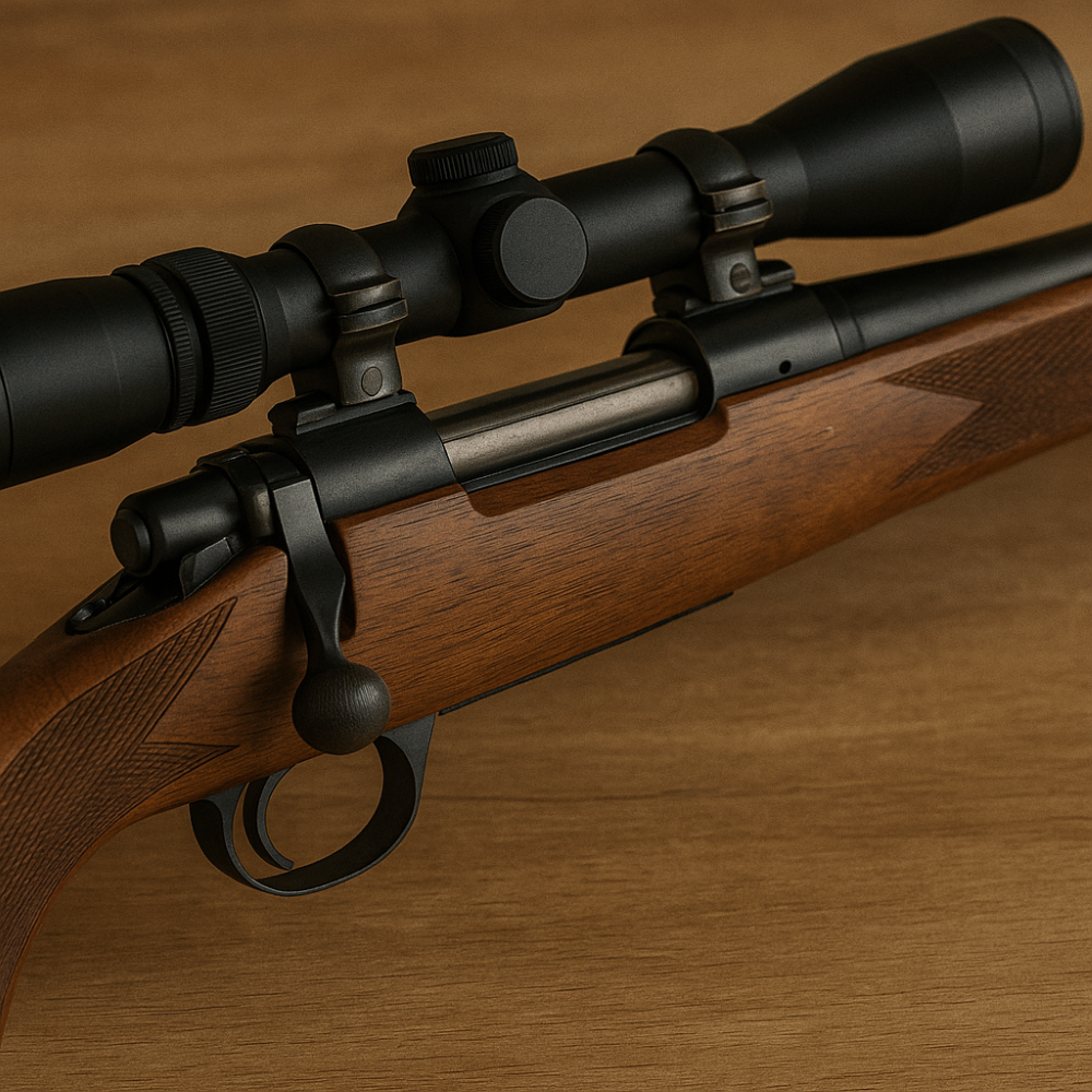 Close-up of a second-hand hunting rifle with scope